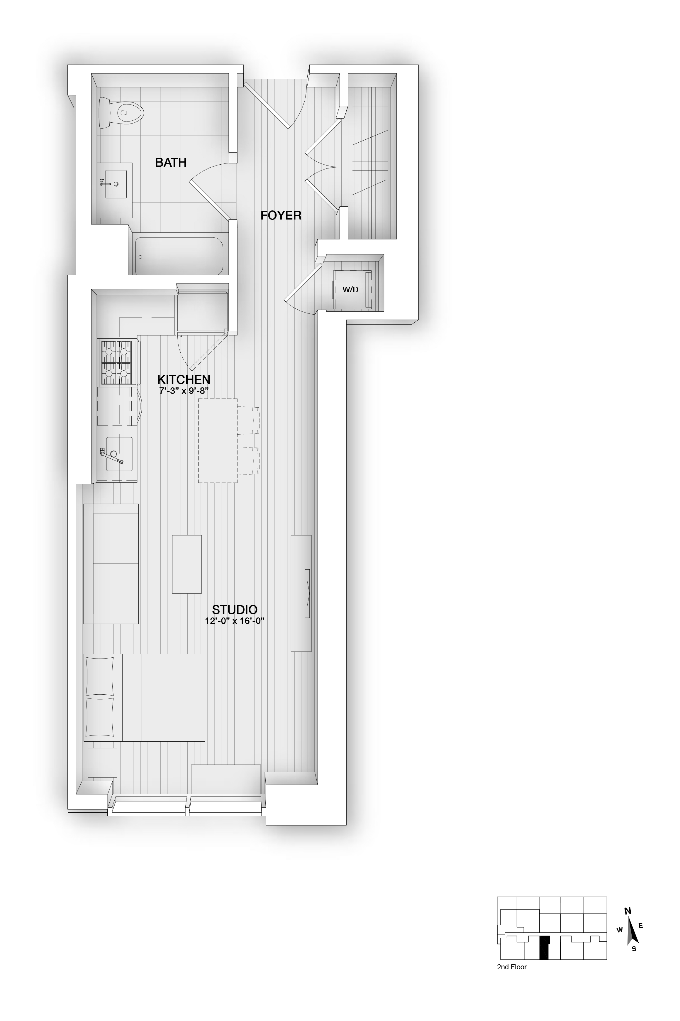 Floor plan for studio, 1 bath, 525 sqft